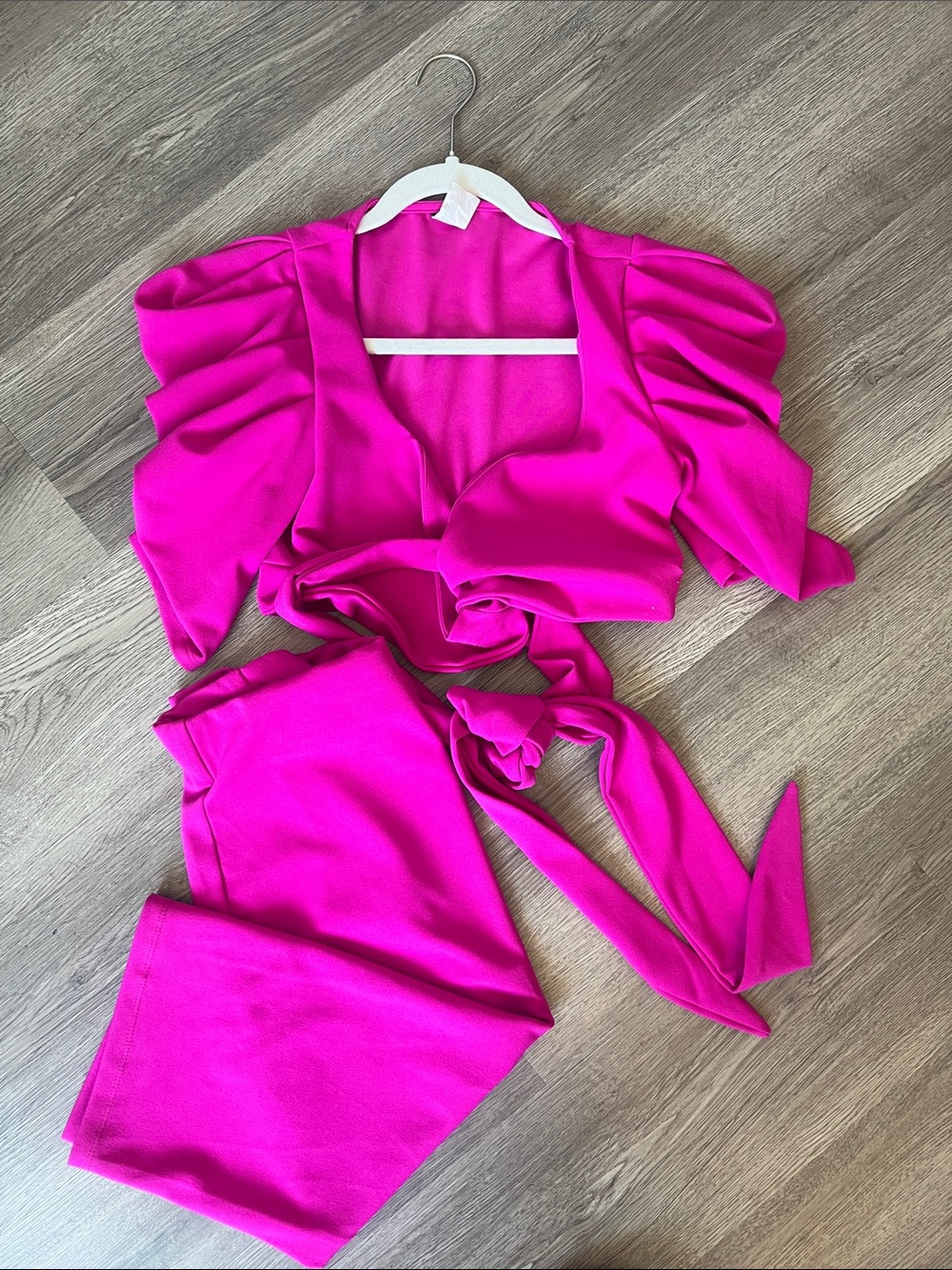 Bright Fuchsia Puff Sleeve Tie-Front Top and Matching Pants Set